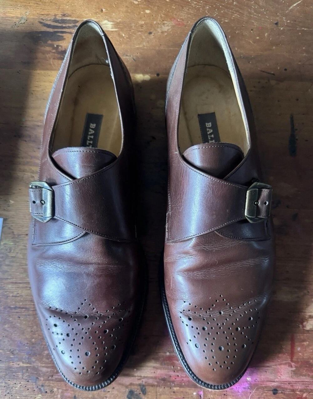 Bally Brown Leather Monkstrap Shoes Men's Size 11D